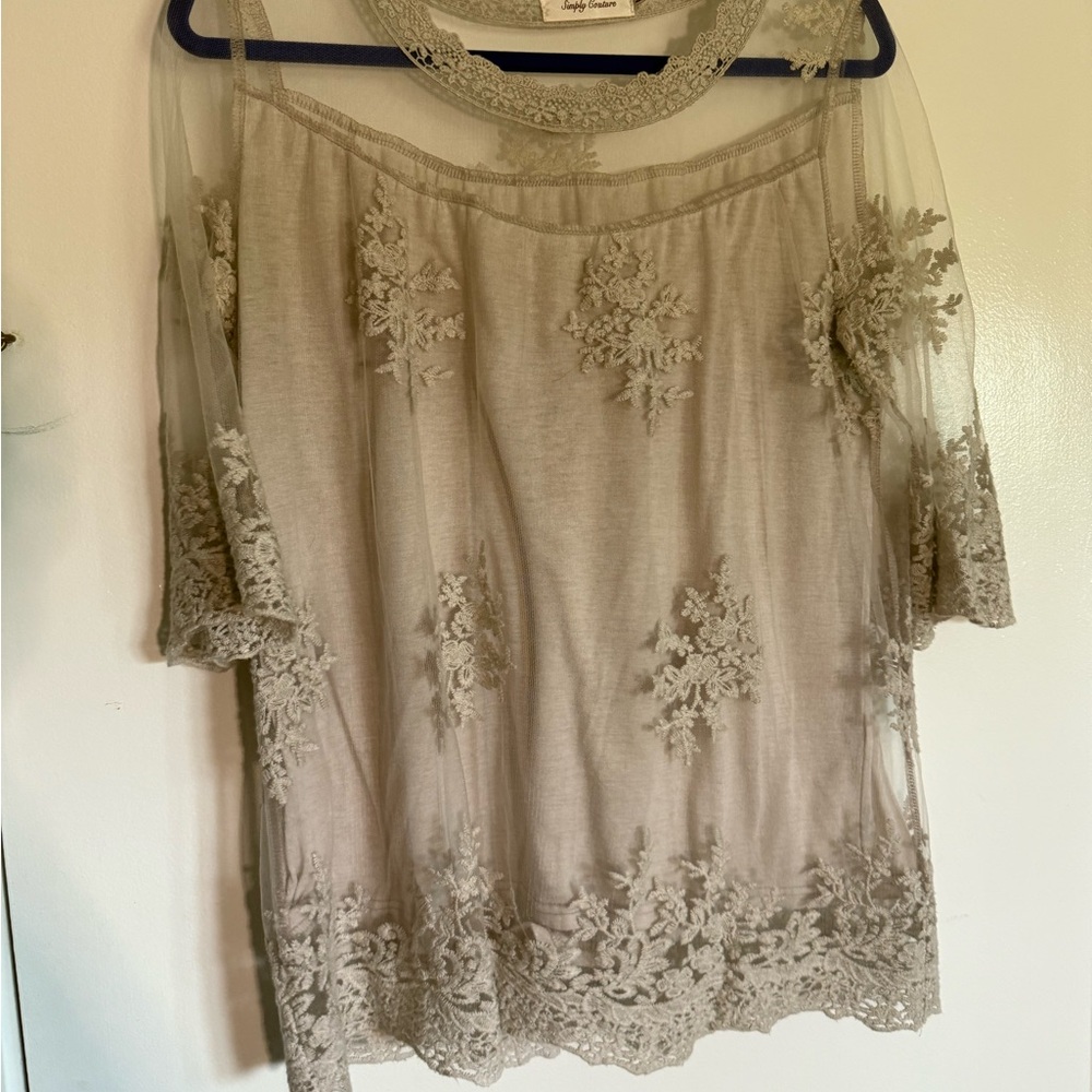 Simply Couture Sheer Lace Blouse in Tan